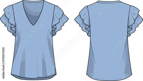 Women's blouse fashion sketch, technical flat drawing, short ruffle sleeve top, V-neck front, round back, apparel design illustration