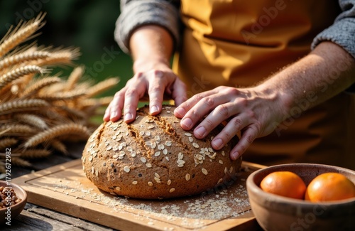Freshly baked whole grain bread being kneaded on a wooden surface with wheat stalks and eggs nearby