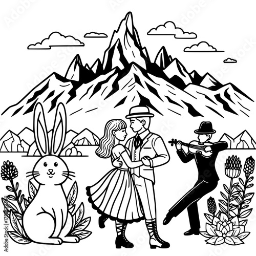 Illustration of a couple dancing with a violinist rabbit and mountains in the background art design