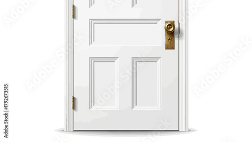 A white paneled door with a brass doorknob and hinges