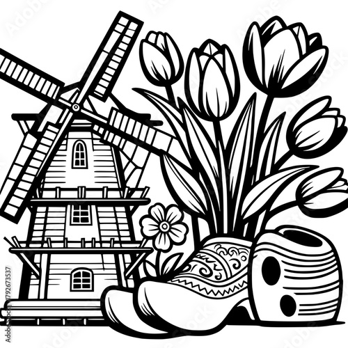 Black and white illustration of a windmill, tulips, flower, and dutch shoes in a detailed composition
