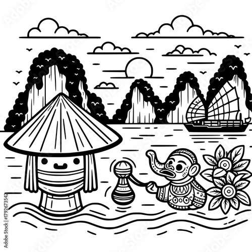 Cartoon drawing of a vietnamese landscape with a conical hat figure, boat, elephant and flowers in black and white