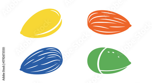 Four colorful nut illustrations arranged in a simple square layout