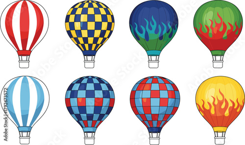 Colorful Vector Set of Hot Air Balloons: Featuring Various Patterns like Stripes, Checkerboards, and Flames, Representing Adventure, Travel, and Sky Transportation.