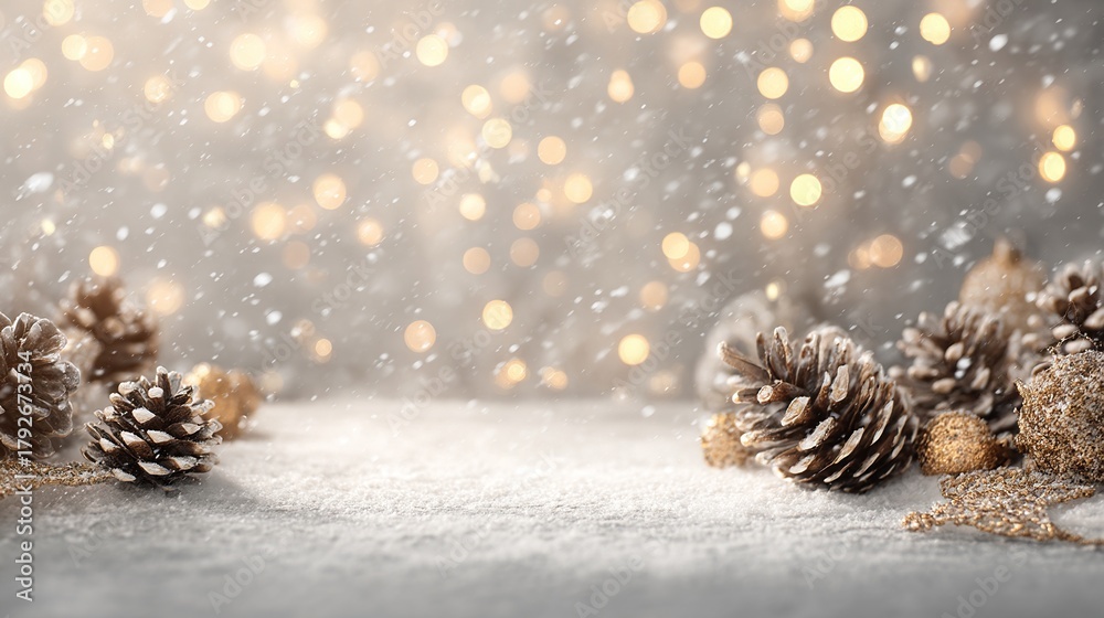 Obraz premium Christmas background featuring golden decorations, snowflakes, bokeh lights, space for text/products, pinecones, ornaments, and white snow — a dreamy holiday atmosphere.