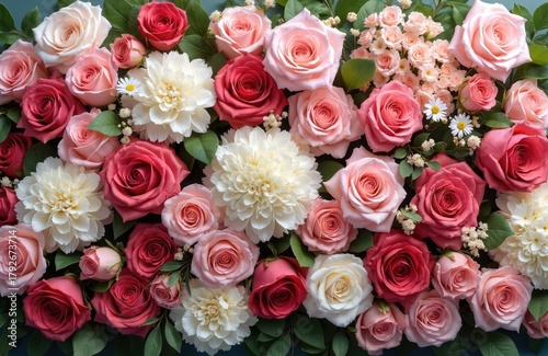 A lush arrangement of pink red and white roses hydrangeas and carnations with green leaves fills the frame. This vibrant floral display evokes romance celebration and natural beauty.