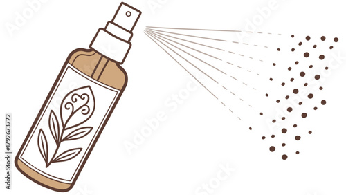Aesthetic spray bottle with plant label for aromatherapy essential oil mist and cosmetic product packaging design