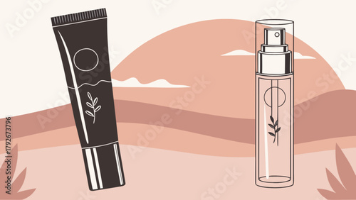 Natural skincare beauty products tube and spray bottle for face and body organic cosmetics routine 100ml