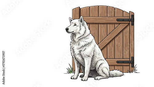A white wolf sits patiently by a wooden gate
