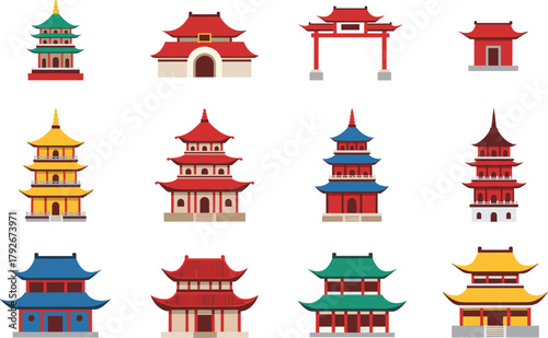 Vector Icon Set of Traditional Chinese and East Asian Architecture: Featuring Colorful Pagodas, Temples, Gates, and Ancient Buildings in a Flat Design Style.