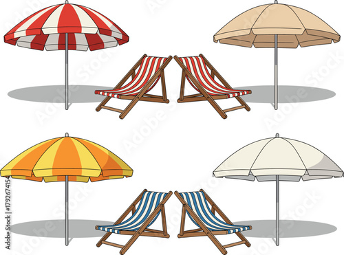 Vector Illustration Set of Beach Furniture: Striped Deck Chairs and Colorful Sun Umbrellas (Parasols) for Summer Vacation, Holiday, and Relaxation Designs
