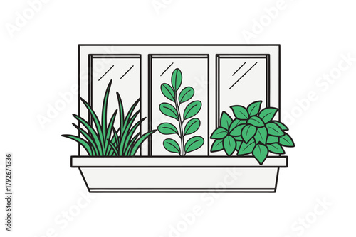 A Simple Illustration of a Window Box Filled with Lush Green Potted Plants