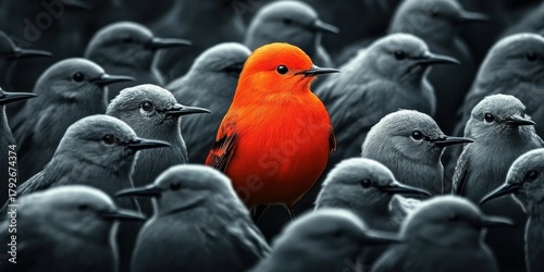 Group birds specifically red bird standing center image Difference concept showing by