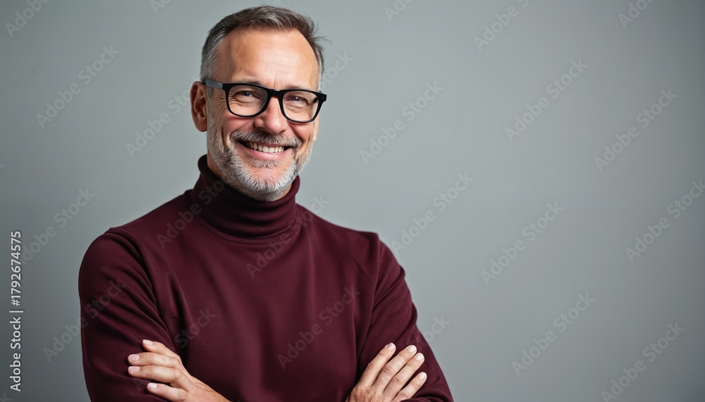Fototapeta premium Mature man smiles. He wears glasses a turtleneck. Senior male with grey hair poses in studio. Adult guy looks confident. Happy old person is a model.