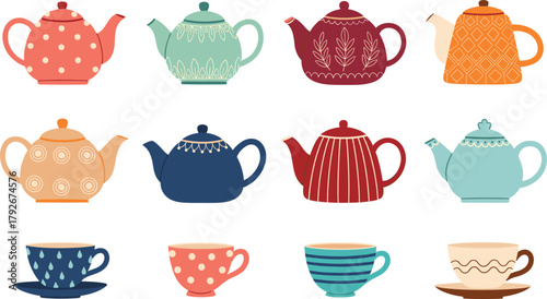 Cute Vector Set of Decorative Teapots and Teacups with Saucers: Colorful Flat Cartoon Style Collection of Kitchenware and Ceramic Utensils for Tea Time and Beverages.
