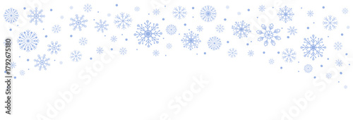 Delicate blue snowflakes on transparent background. Frosty border, winter background for greeting cards, ad, invitation and festive winter themes