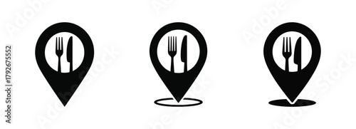 Restaurant location map pin icon set for dining and food services
