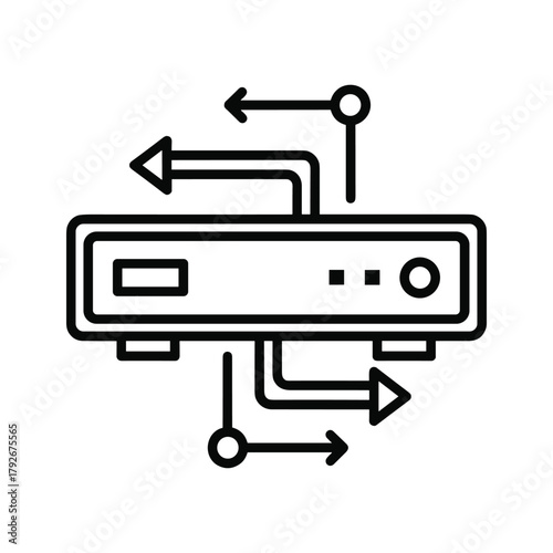 Server rack with input and output data flow arrows, representing data transfer