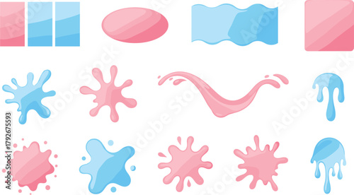 Vector Set of Pink and Blue Liquid Splash Elements: Water Drops, Milk Splatters, Paint Blots, Drips, and Abstract Shapes for Sweet, Fluid, or Candy Designs