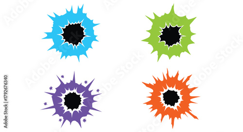 Four colorful burst shapes with jagged edges and dark centers