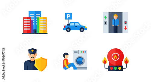Collection of flat icons representing urban services and safety