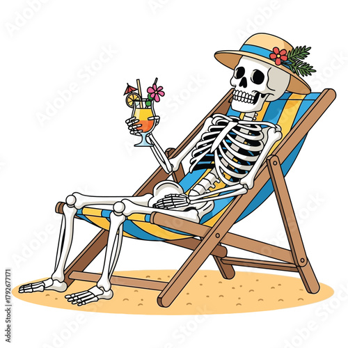 Skeleton relaxing on beach chair with tropical cocktail, embracing ultimate vacation vibes and chilling out in summery bliss.