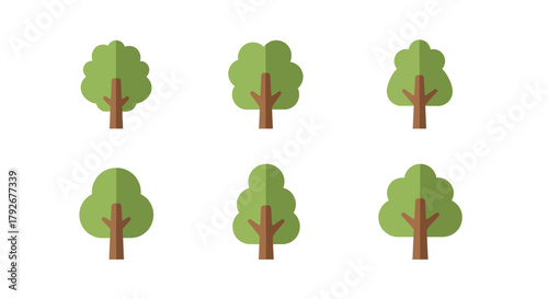 Collection of simple, stylized green trees with brown trunks on a white background