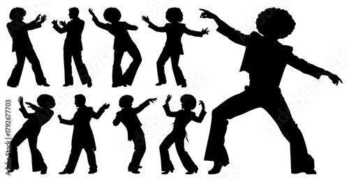 70s Disco Dancer Silhouettes, Dance Poses  Set, Transparent Background