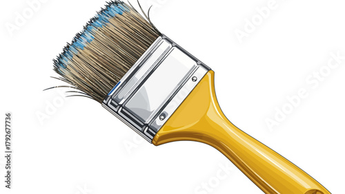 A yellowhandled paintbrush with bluetipped bristles