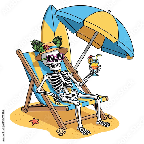 Hilarious skeleton chilling on a beach chair with a cocktail under an umbrella, surfboard nearby, perfect for summer fun and quirky vacation vibes.