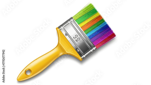 A yellowhandled paintbrush with colorful bristles on a white background