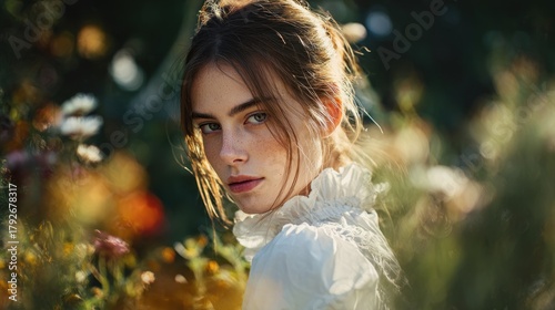 Elegant portrait of a young woman in a natural setting, surrounded by flowers