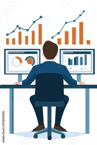 Businessman Analyzing Data with Charts and Graphs on Monitors
