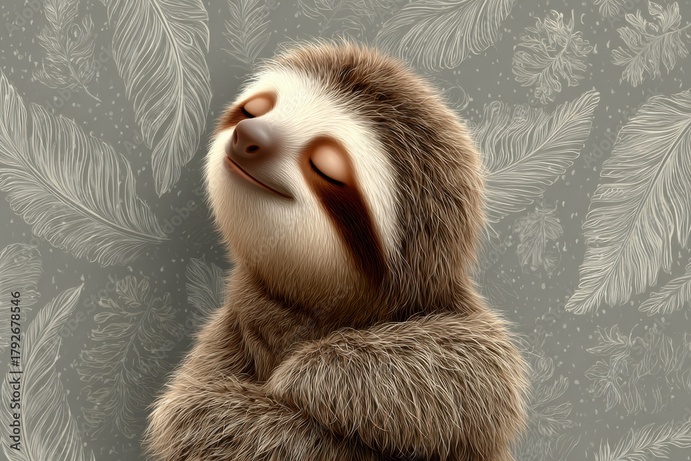 Obraz premium Cute Sloth Smiling with Eyes Closed on Feather Pattern Background, Happy Animal Illustration for Relaxation, Peace, and Tranquility Concepts