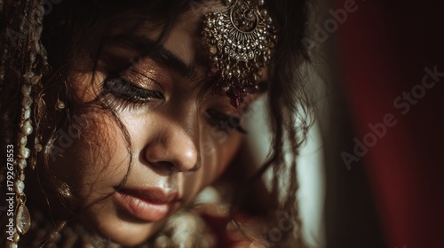 Intimate portrait of a woman with traditional headpiece and soft lighting