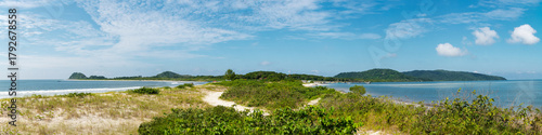 Panoramic view of Ilha do Mel showcasing sandy beaches, lush greenery, and clear blue skies in Paraná, southern Brazil