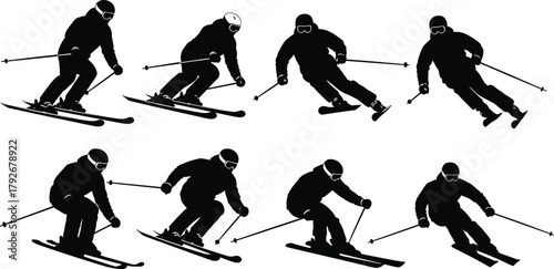 WebSilhouette vector illustration of skiers performing downhill skiing actions, winter sports athletes skiing in motion, extreme sport activity, isolated on white background