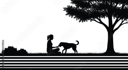 Dog interaction icon set, silhouette person kneeling with dog under tree, black and white illustration, nature, companionship, outdoor moment, peaceful scene grid