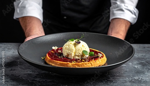 Quadro su tela Close Up of Waffle with Ice Cream and Berry Sauce Presented on Black Plate by Ch