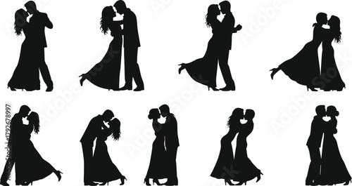 WebRomantic couple silhouette vector illustration showing man and woman kissing and embracing in love poses, wedding romance, passion, affection, and relationship concept