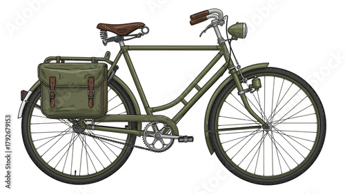 An olive green bicycle with a brown leather saddle and grips