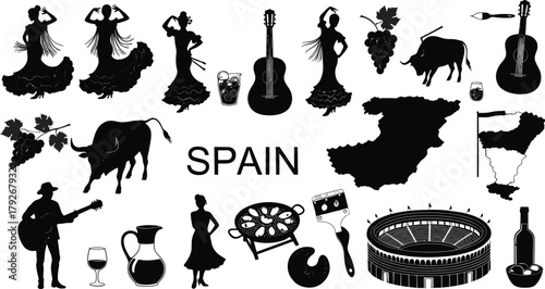 WebSpain culture vector illustration with flamenco dancers, bullfighter, guitar, wine, paella, map, Spanish traditions and national symbols isolated on white background
