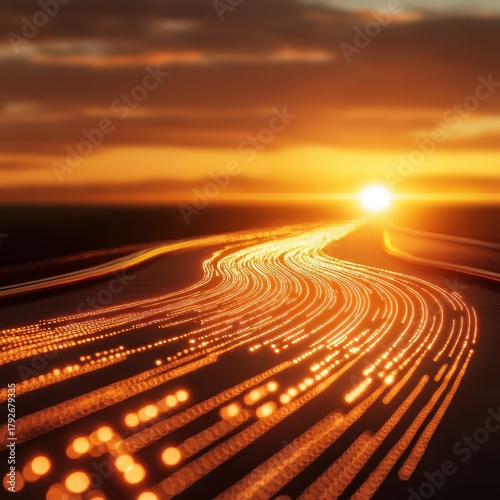 Serene Sunset Over a Winding Road with Light Trails and Colors