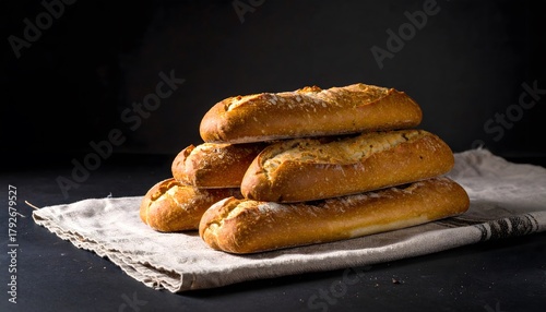 Stacked golden-brown baguettes on a textured linen cloth, creating a rustic bakery display