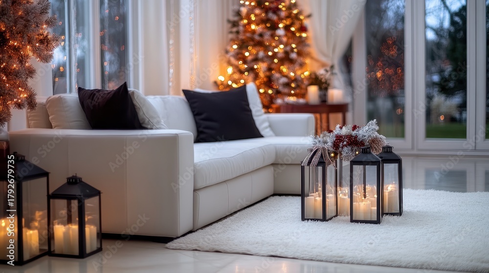 Naklejka premium Cozy christmas living room with elegant holiday decor and warm lighting by large windows