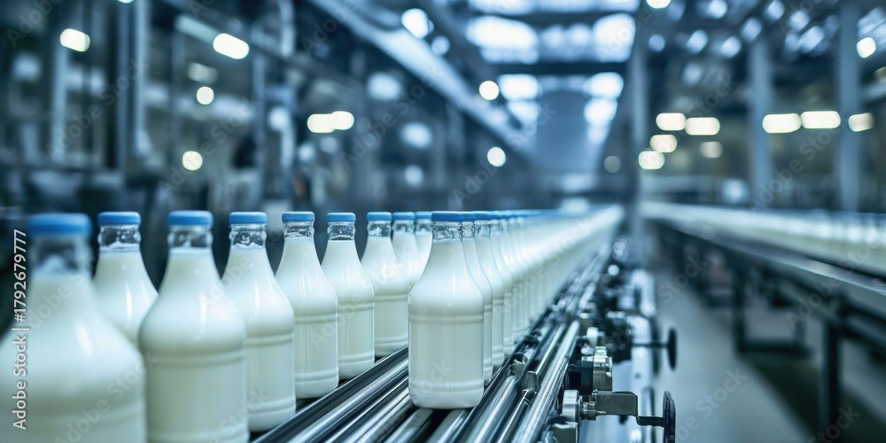 Fototapeta premium Row milk bottles conveyor belt factory are arranged A line