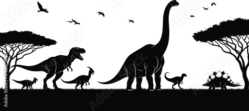 Photos WebPrehistoric dinosaur landscape vector illustration with T-Rex, Brachiosaurus,