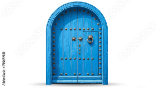 Arched blue wooden double doors with brass hardware