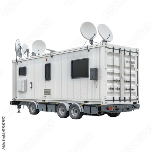 Mobile broadcasting unit equipped with satellite dishes parked on a location for live event coverage on transparent background