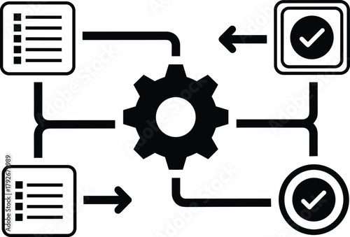 Modern workflow and process automation vector with gear and checklist elements. Perfect for business management, data flow, organization, and technology optimization concepts.
